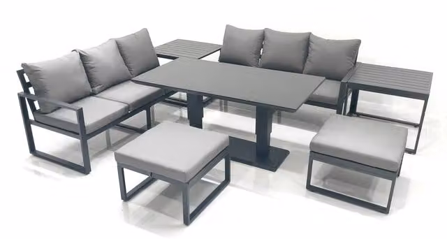 Fimous 8 Seater Aluminium Outdoor Garden Furniture Set in Dark Grey with Adjustable Rising Dining Table, 3 Seater Sofa, 2 Footstools and 2 Side Tables