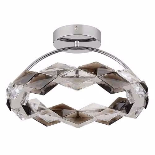 Globo Lighting Karilion LED Semi Flush Ceiling Light in Chrome and Grey with Smoke Crystal, Height: 37 cm – 1