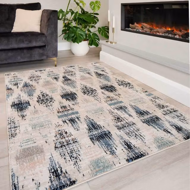 The Rug House Multicolour Beige and Blue Distressed Diamond Trellis Vintage Living Area Rug, W: 230 cm, D: 160 cm