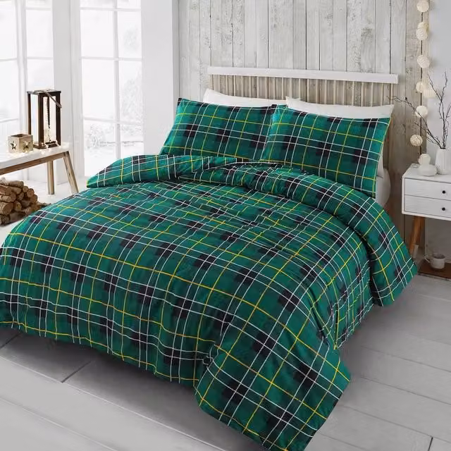 HomeSpace Direct Flannelette Cotton Tartan Check Duvet Cover Set, Green, 200 x 200 cm