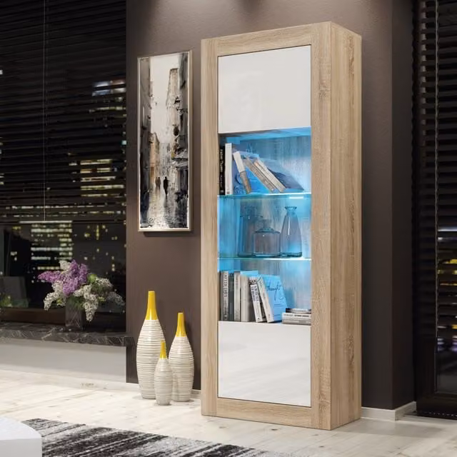 Creative Furniture Illume Display Cabinet in White and Brown with Glass Doors and LED Lighting, H 170 x W 63 x D 35 cm