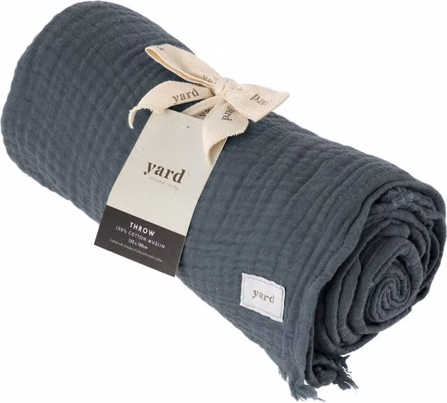 Lark Blue Muslin Cotton Throw with Fringes, W: 180 cm, D: 130 cm