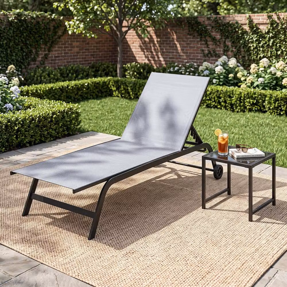 Gymax Set of 2 Grey Outdoor Chaise Lounge Chairs with Wheels and Side Trays – 2