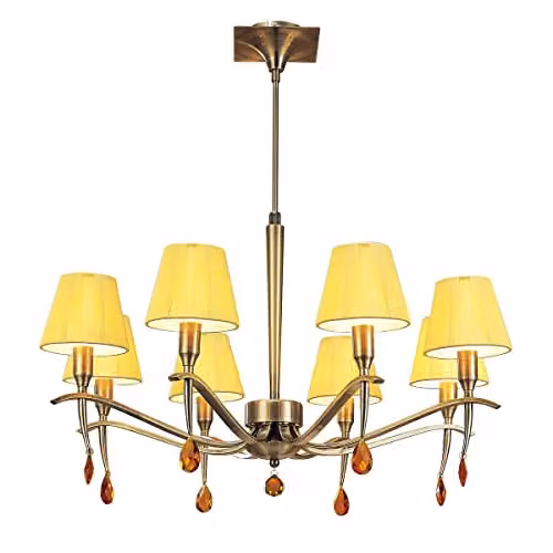 Mantra Siena Round 8-Light Pendant with Amber Cream Fabric Shades and Amber Crystals in Antique Brass