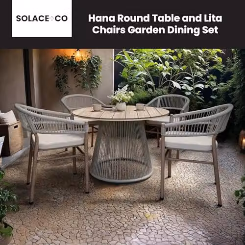 Solace+Co Hana Round Garden Dining Set with 4 Lita Chairs in White and Beige – 2