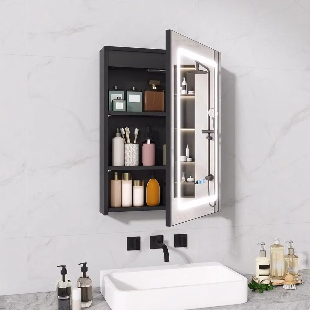 FLAVORA Modern Black LED Bathroom Mirror Cabinet with Integrated Lighting and Glass Doors – 3