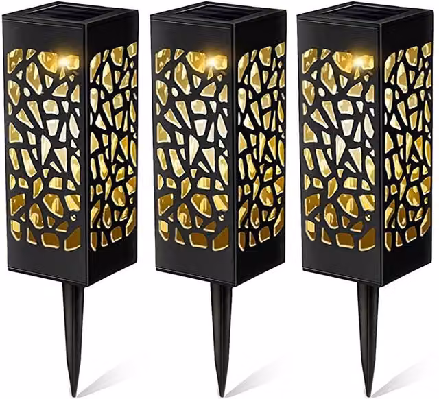 GEEZY Set of 3 Solar LED Pathway Stake Lights in Black with Warm White Light