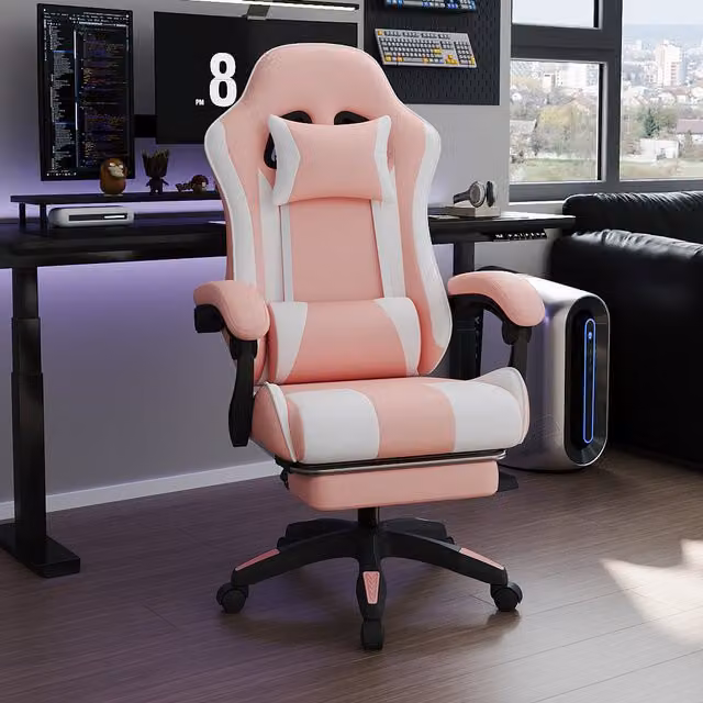 Livingandhome White and Pink Synthetic Leather High Back Gaming Chair with Headrest and Footrest