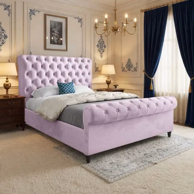 Casani Stourbridge Sleigh Upholstered Bed Frame in Pink Velvet, W/D/H: 120 x 200 x 83 cm – 1