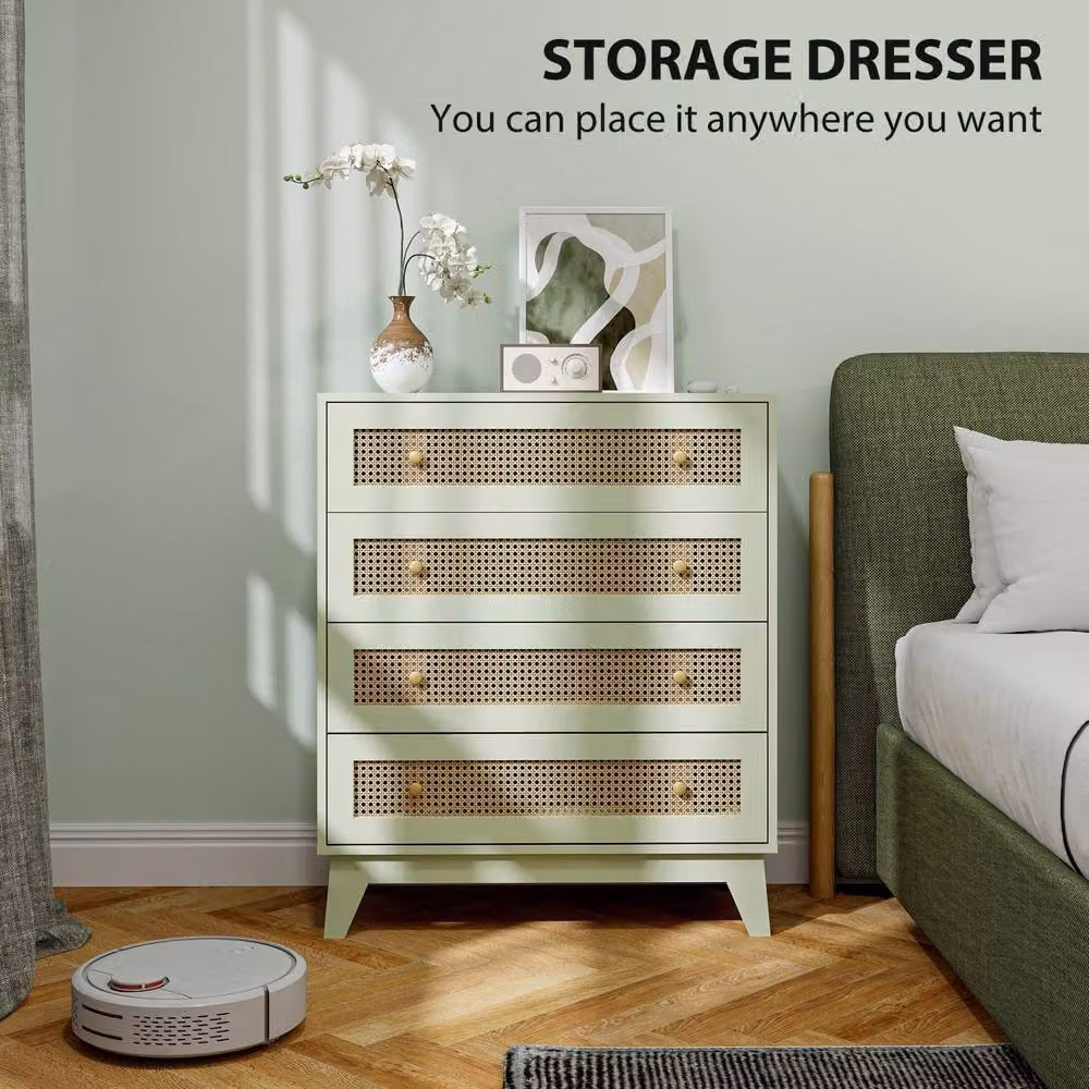 Wyld Haus Raritte 4 Drawer Chest in Green with Rattan Style Woven Panels – 4