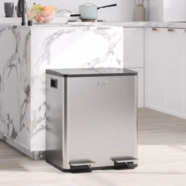 STILVORA 40L Dual Compartment Stainless Steel Kitchen Bin with Soft-Close Lid and Odour Filter in Silver