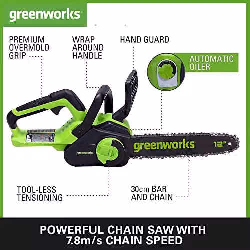 Greenworks GD24CS30K4 Cordless Chainsaw with Brushless Motor, 30cm Bar Length, 7.8m/s Chain Speed, Auto-Oiler and Kickback Protection, including 24V 4Ah Battery and Charger – 2