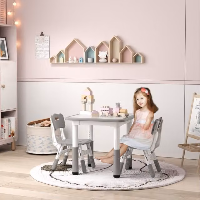 AIYAPLAY Height Adjustable Kids Table and 3 Chairs Set in Grey
