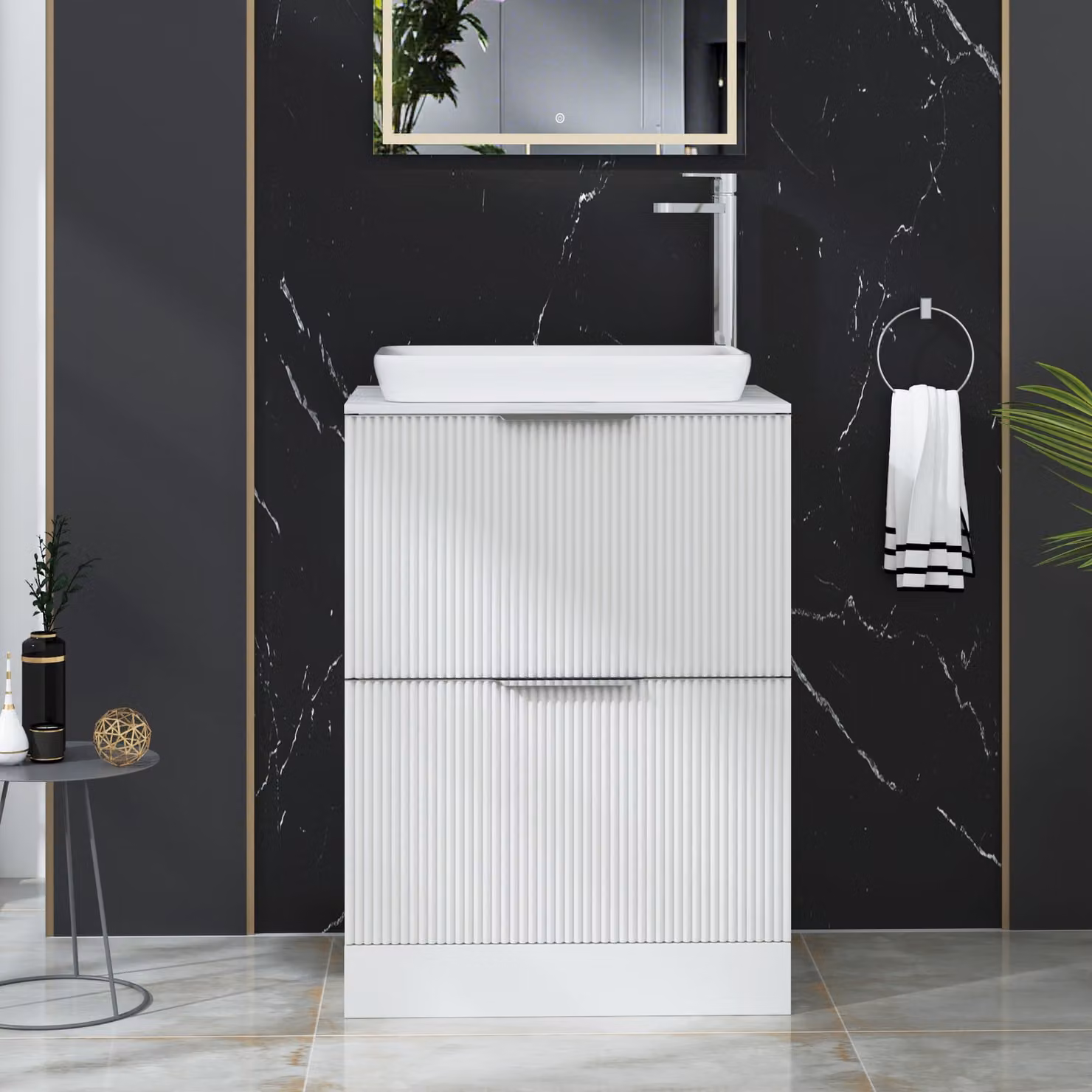 Royal Bathrooms Evora Matt White Fluted Floor Standing Countertop Vanity Unit with Qubix Basin and 2 Drawers