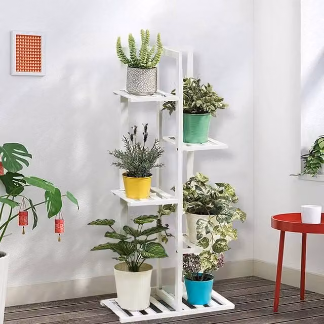 FORGEVIO White 5 Tier Wooden Plant Stand for Flower Pots, H 103 cm x W 45 cm x D 22 cm – 1