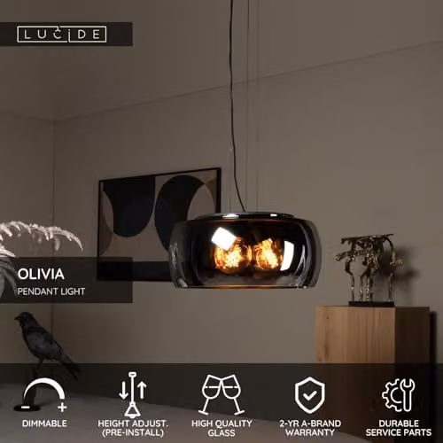 Lucide Olivia Dimmable Adjustable Modern Pendant Light in Grey with Glass Shade, Diameter: 50 cm – 2