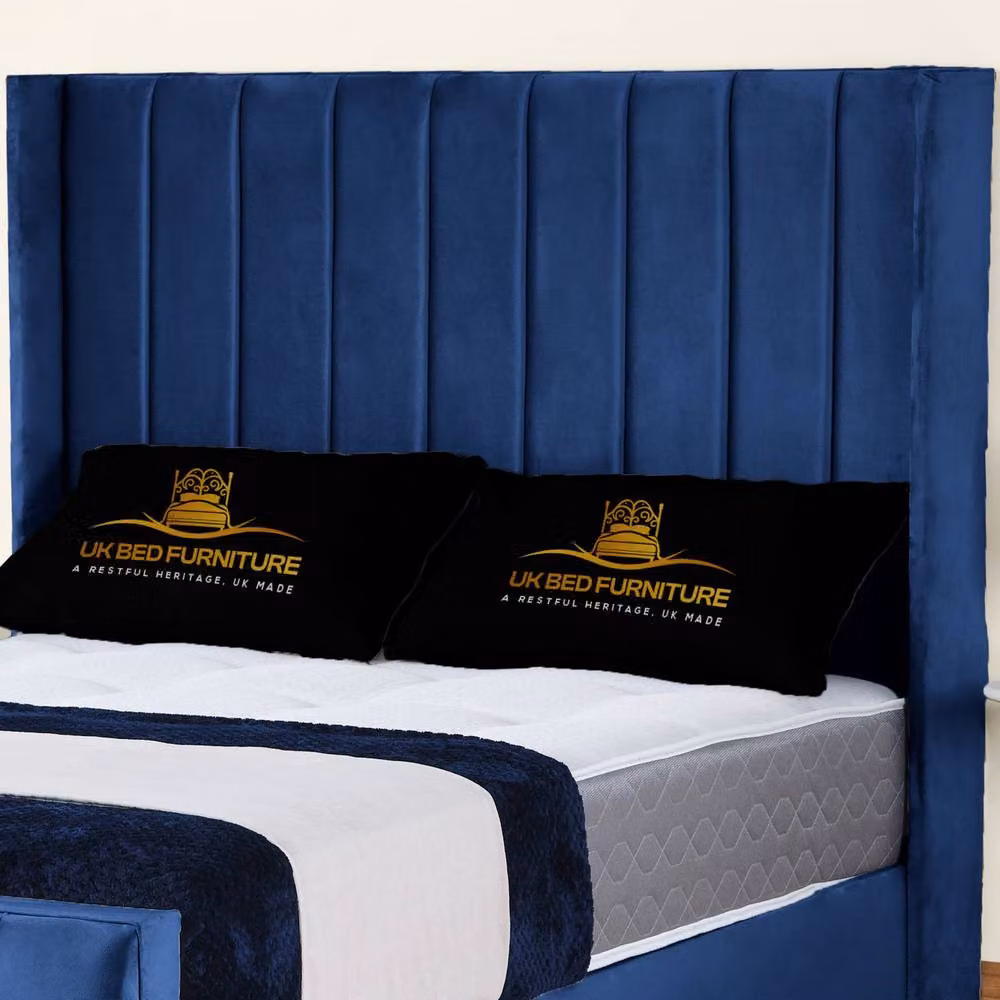 UK Bed Furniture Empire Winged Slatted Base Upholstered Velvet Bed in Blue, Size: Single (90 x 190 cm) – 2