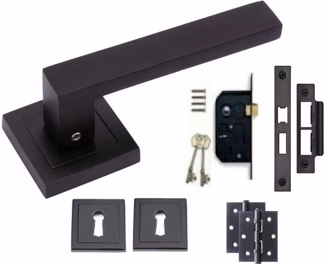Golden Grace Matt Black Key Lock Door Handle with Square Rose Hinge Set