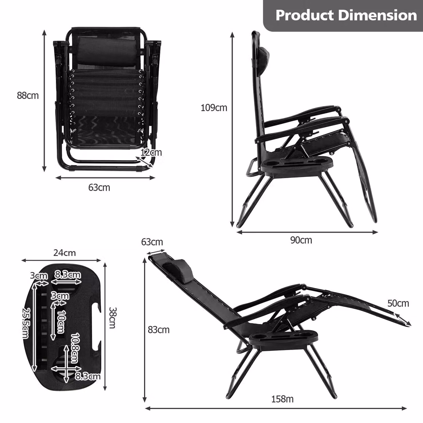 Costway Set of 2 Black Folding Zero Gravity Outdoor Patio Recliners with Adjustable Headrests and Side Trays – 2