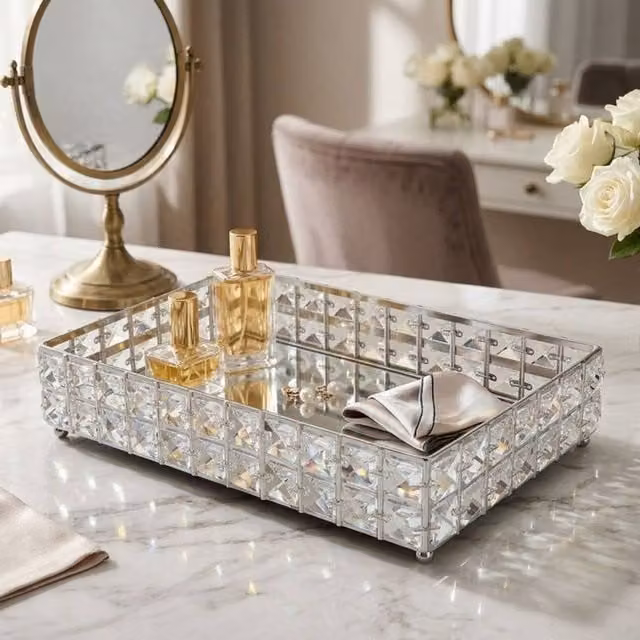 Dynasty Home UK Silver Crystal Rectangular Decorative Vanity Tray, 30 x 30 cm