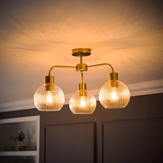 ValueLights Maddison 3 Arm Ceiling Light with Clear Ribbed Glass Globe Shades in Brushed Gold