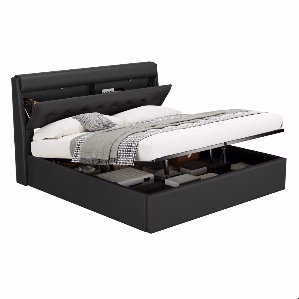 ModernLuxe Upholstered King Size Bed with Hydraulic Storage and Headboard in Black Synthetic Leather W/D/H: 150 x 200 x 50 cm – 8