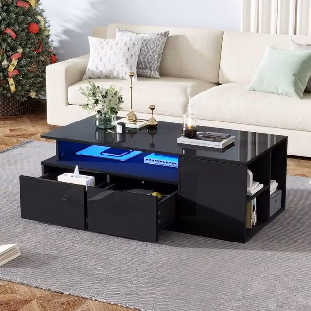 STILVORA Modern Black Glossy Coffee Table with 2 Drawers and Open Storage, W/D/H: 100 x 50 x 35 cm
