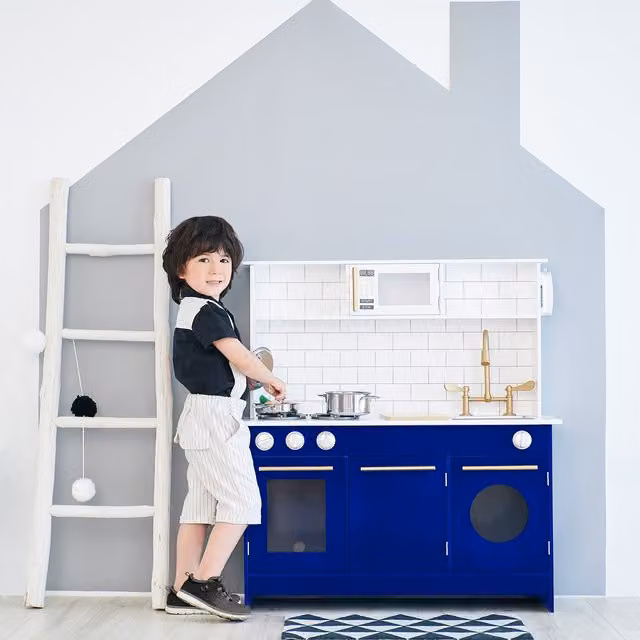 Teamson Kids Little Chef Berlin Play Kitchen with Cookware, White, Blue and Gold