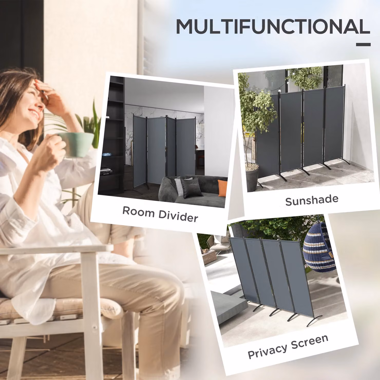 OUTSUNNY 4 Panel Folding Room Divider, Portable Matt Grey Metal Partition Separator – 3