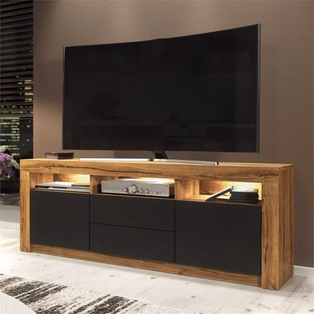 PAWNORA Modern TV Unit with Oak Matt Body and Black Matt Doors – 1