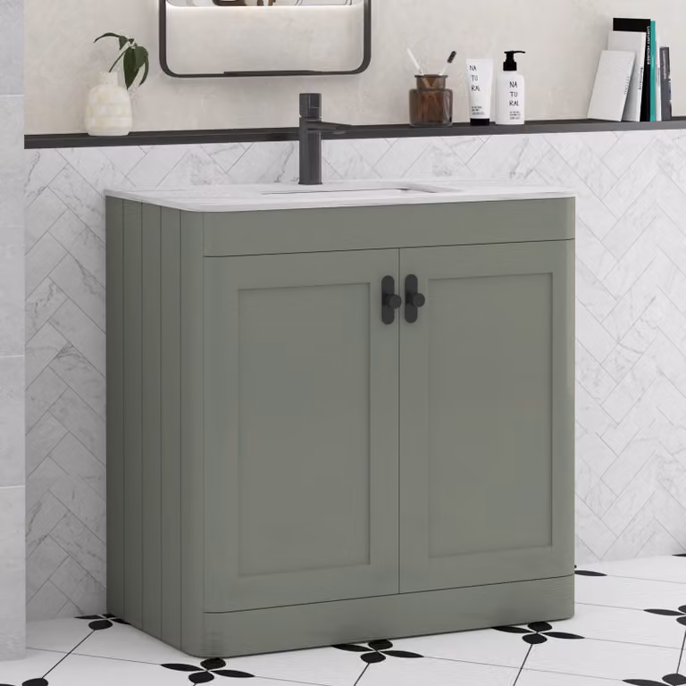 Royal Bathrooms Henley 800mm Sage Green Floor Standing 2 Door Vanity Unit with Carrara White Stone Top and Matt Black Knobs