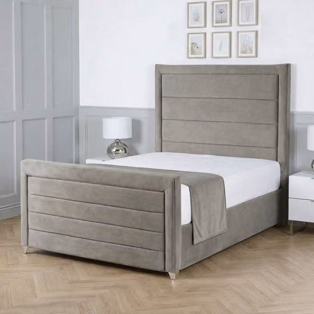 Living Comfort Bedz Selena Single Upholstered Plush Velvet Bed with Slatted Base and 48 Inch Headboard in Light Grey, W/D/H: 90 x 200 cm