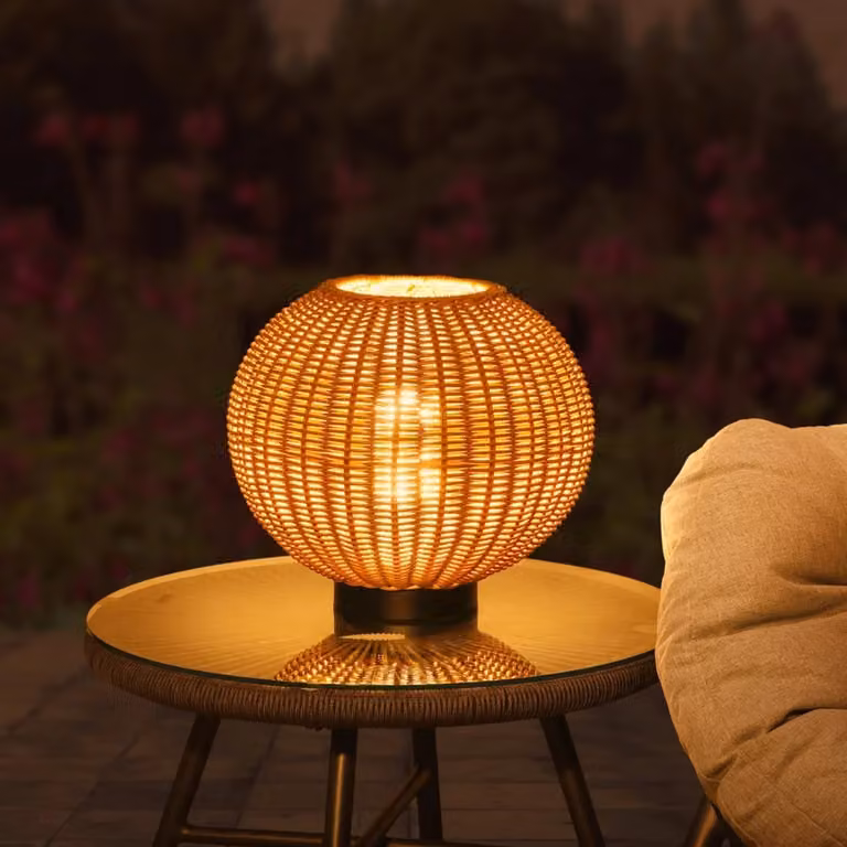 Orta Rechargeable Rattan Table Lamp in Brown with Dimmable LED and Remote Control