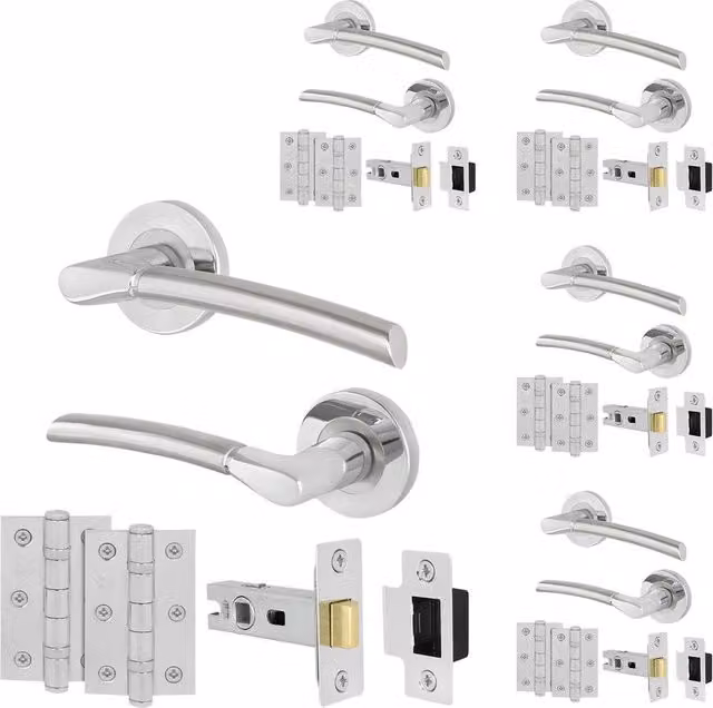 AFIT Chrome Door Handle Satin Nickel Feature Lever Pack in Silver with 5 Latches and Hinges