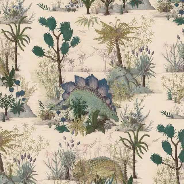 House of Hackney DINOSAURIA Wallpaper in Green, Blue and Beige