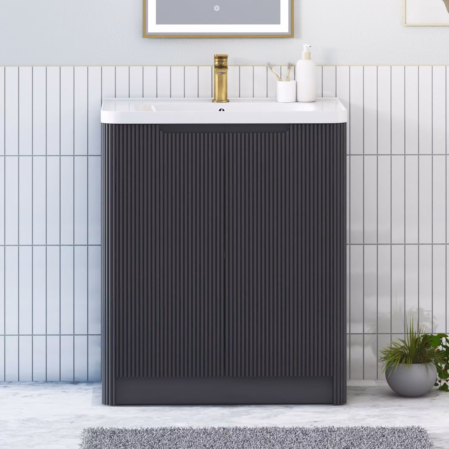 Royal Bathrooms Avenza Matt Obsidian Black Floor Standing 2 Door Vanity Unit with Ceramic Basin Width: 70 cm