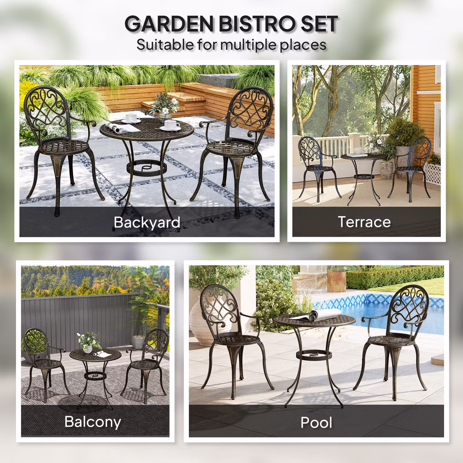 Outsunny 3 Piece Bronze Tone Powder Coated Aluminium Patio Bistro Set for 2 with Round Table and Chairs for Garden, Balcony or Terrace – 5