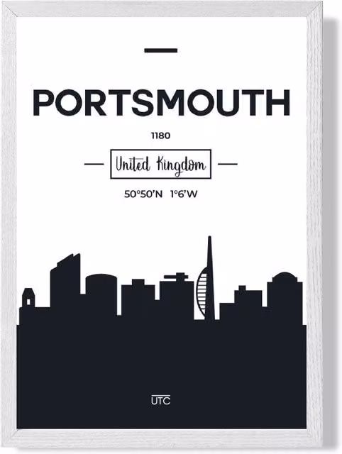 ARTZE Portsmouth Black and White City Skyline Framed Print in White Frame