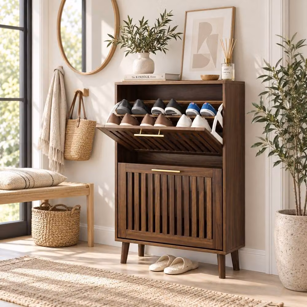 Merax Slim Walnut Shoe Storage Cabinet with 2 Tilting Compartments and Open Shelf – 5