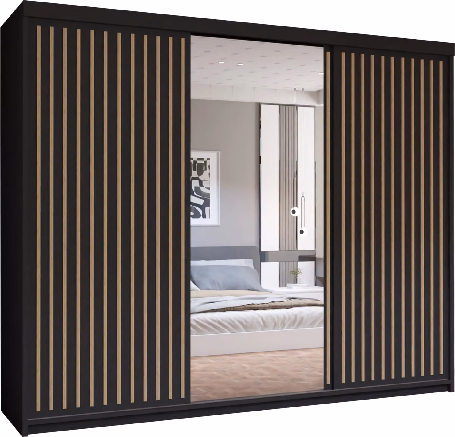 MN Furniture Reno 3 Sliding Door Wardrobe with Mirror and LED Light in Oak and Black, W/D/H: 250 x 62 x 217 cm – 2
