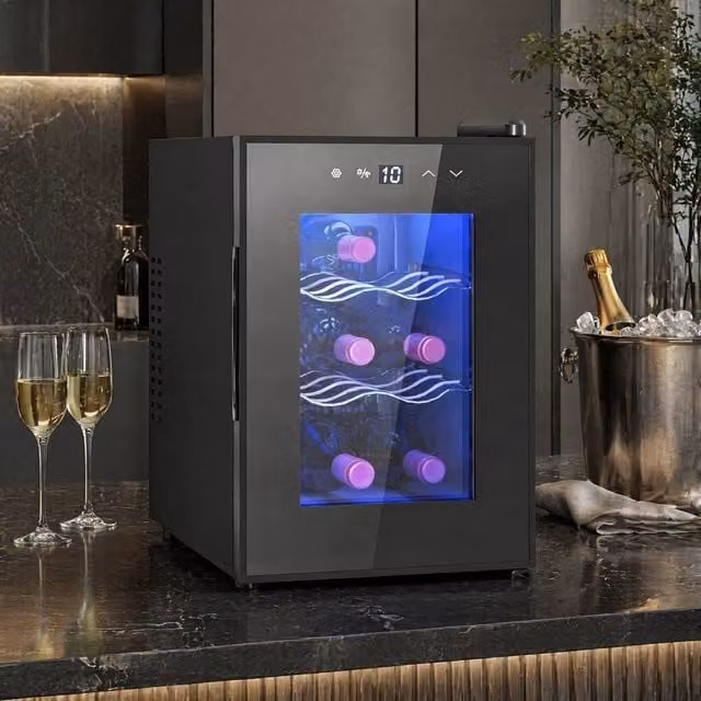 STILVORA Black Countertop Wine Fridge with Glass Door and LED Interior Light, Capacity: 6 Bottles, W/D/H: 39.3 x 35.0 x 26.5 cm