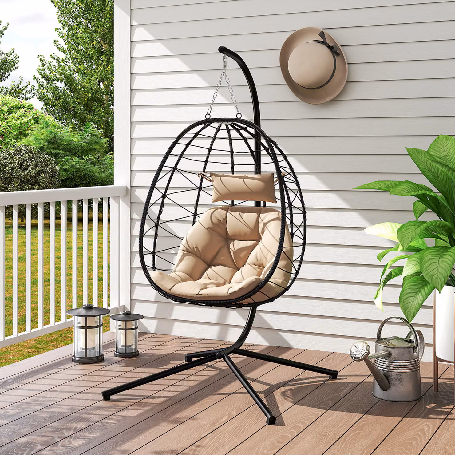 Outsunny Hanging Egg Chair Garden Swing with Stand and Cushions, Beige – 9