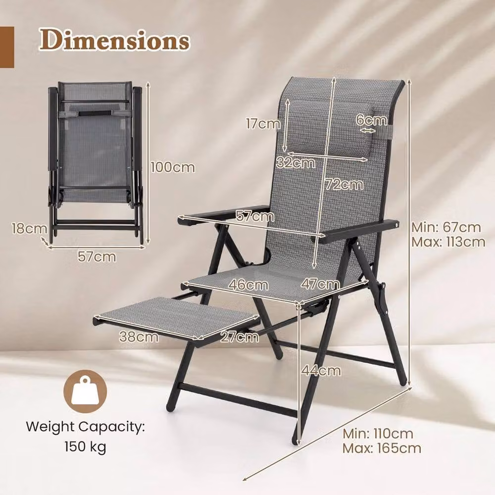 KORVIXA Set of 2 Grey Outdoor Recliner Chairs with Adjustable Headrest and Armrests, W/D/H: 100 x 100 x 100 cm – 2