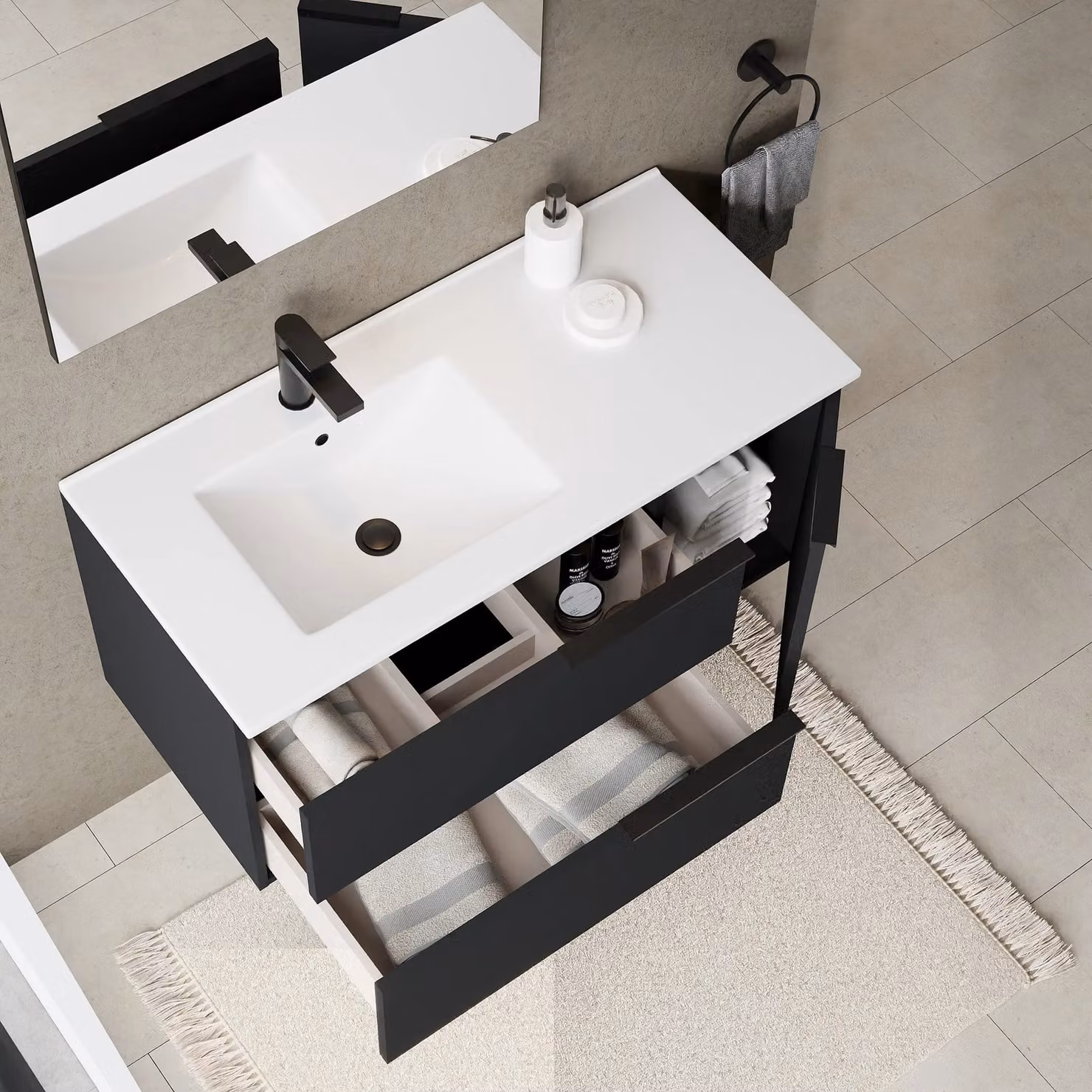 Banyetti Celtic Duo Wall Hung Vanity Unit with Door and Basin, Matt Black, W: 100 cm, D: 45 cm, H: 48 cm – 4