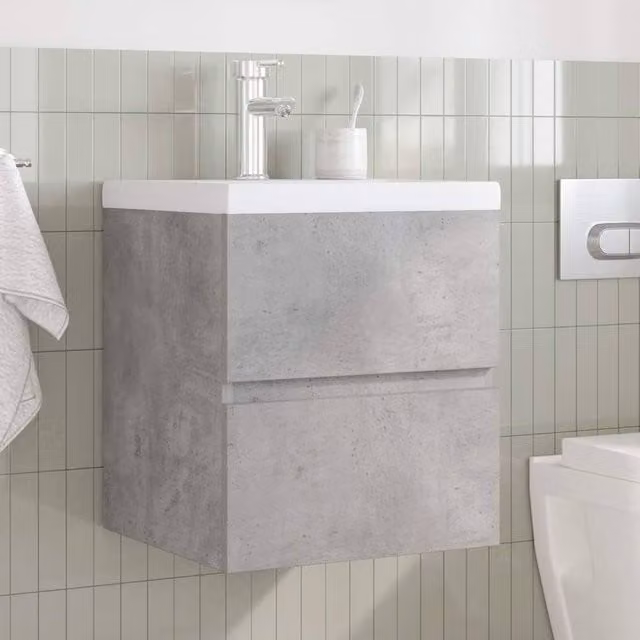 Berkfield Home 2 Piece Modern Wall Mounted Bathroom Vanity Unit Set in Concrete Grey and White MDF – 1