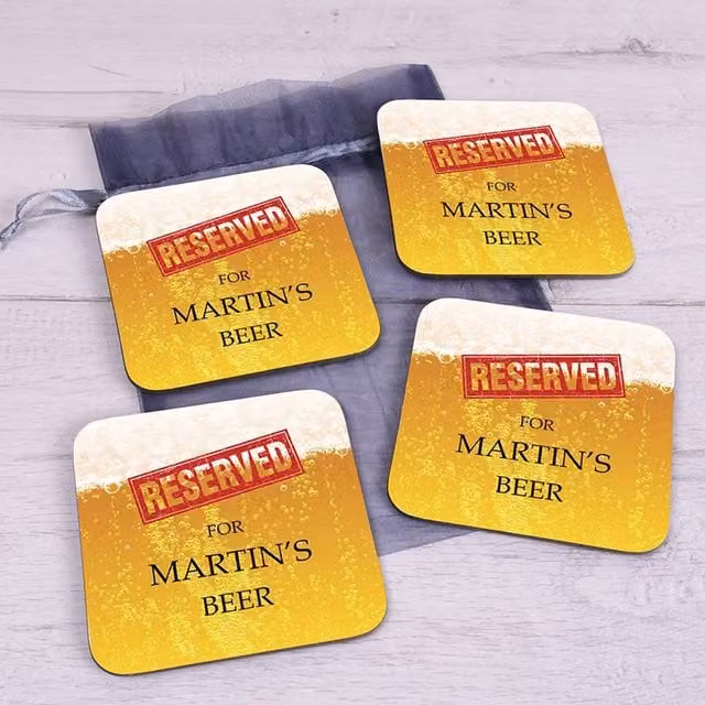 Uniqueful Personalised Reserved Beer Coaster Set of 4, Multicolour, Square