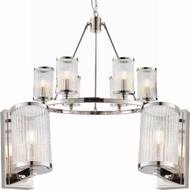 Loops 6-Lamp Ceiling Light and 2-Piece Matching Wall Light Set in Silver with Transparent Ribbed Glass Shades