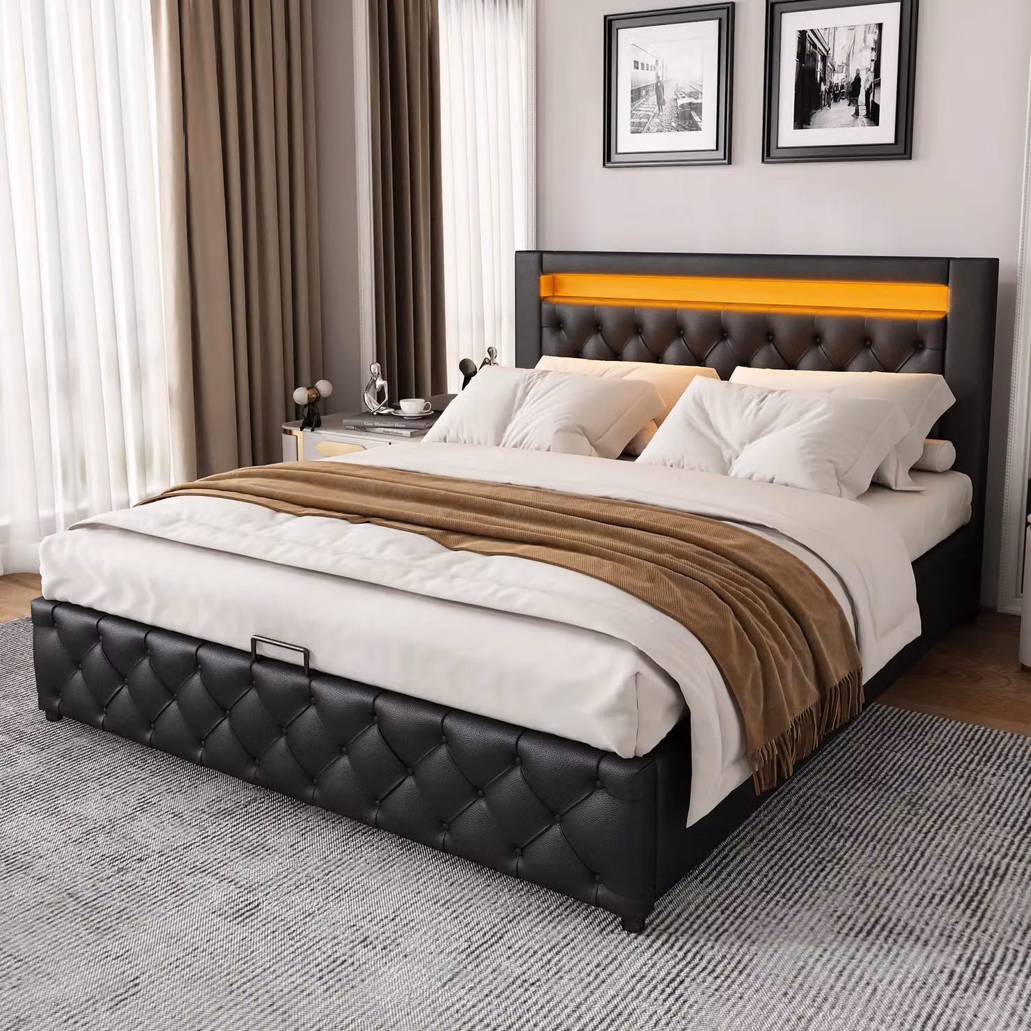 Matteo Upholstered Bed with Slatted Frame, Lift-Up Storage and LED Lighting, Black and Beige W/D/H: 135 x 190 cm – 4