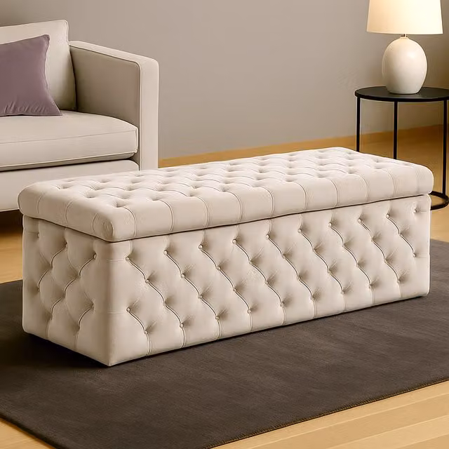 R&M Furnishers Wide Lux Chesterfield Ottoman Storage Box in Sapphire Blue and Beige Velvet