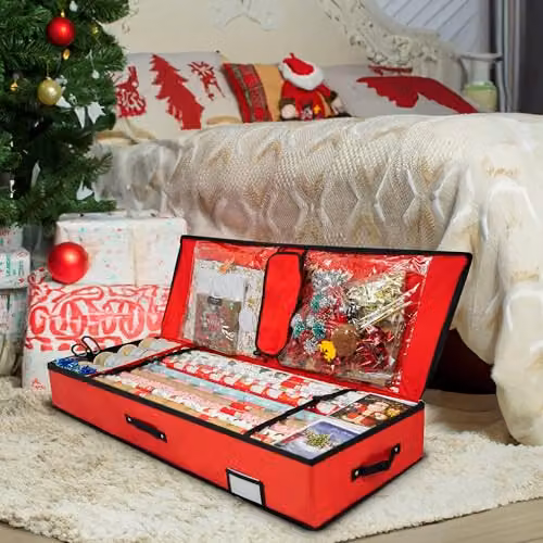 Pelle & Sol Christmas Wrapping Paper Storage Bag in Red, Fits 24 Rolls, Foldable Fabric Organizer with Handles – 6